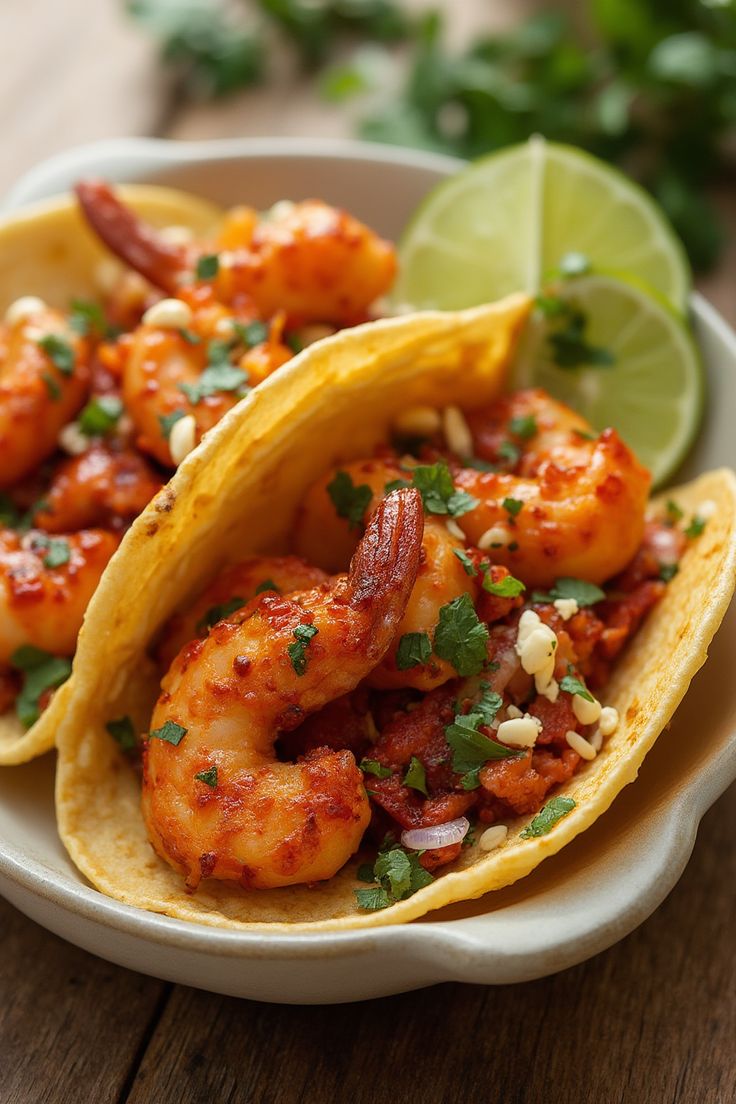 two shrimp tacos on a plate with lime wedges