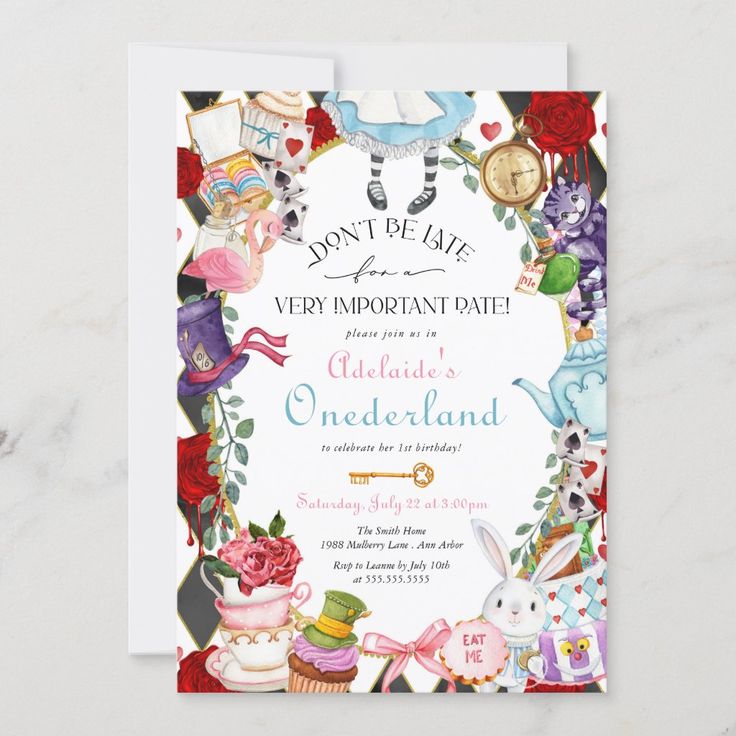 an image of a wedding card with alice and the wonderland tea party theme on it