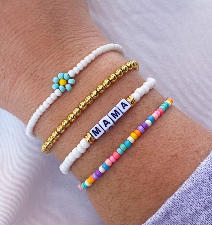 White Mama Bracelet / Rainbow Beaded Bracelet / Summer Bracelet Stack / Rainbow Summer Bracelets / Mama Bracelet Stack / Seed Bead Bracelets - Etsy Summer Gift Friendship Bracelets With Spacer Beads, White Bracelets For Jewelry Making And Mother's Day, White Bracelets For Mother's Day Jewelry Making, White Casual Beaded Bracelets For Mother's Day, Personalized White Bohemian Beaded Bracelets, Casual White Beaded Bracelets For Mother's Day, Summer Gift Beaded Bracelets With Spacer Beads, White Letter Beads Stretch Bracelet For Summer, White Stretch Bracelet With Letter Beads For Summer