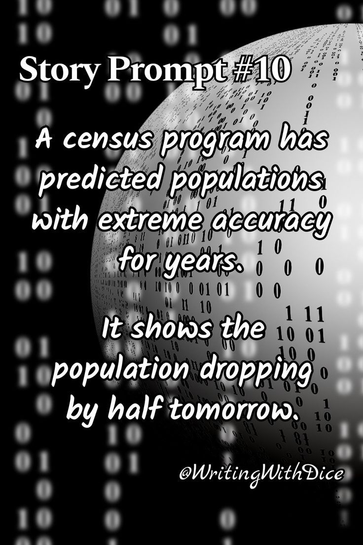 A picture of a sphere with 0s and 1s over it and the text: "Story Prompt #10: A census program has predicted populations with extreme accuracy for years. It shows the population dropping by half tomorrow." "@WritingWithDice" appears in the lower right corner. Cyberpunk Writing, Scene Writing Prompts, Story Prompt, Scene Writing, Creative Writing Prompts, Story Prompts, Science Fiction Fantasy, Creative Writing, Writing Prompts