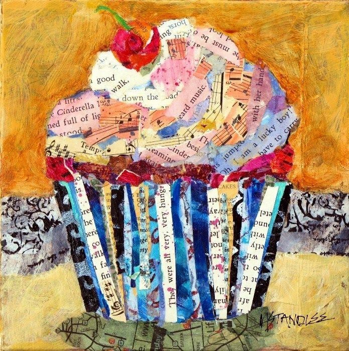 a painting of a cupcake with lots of words on it and a cherry in the middle