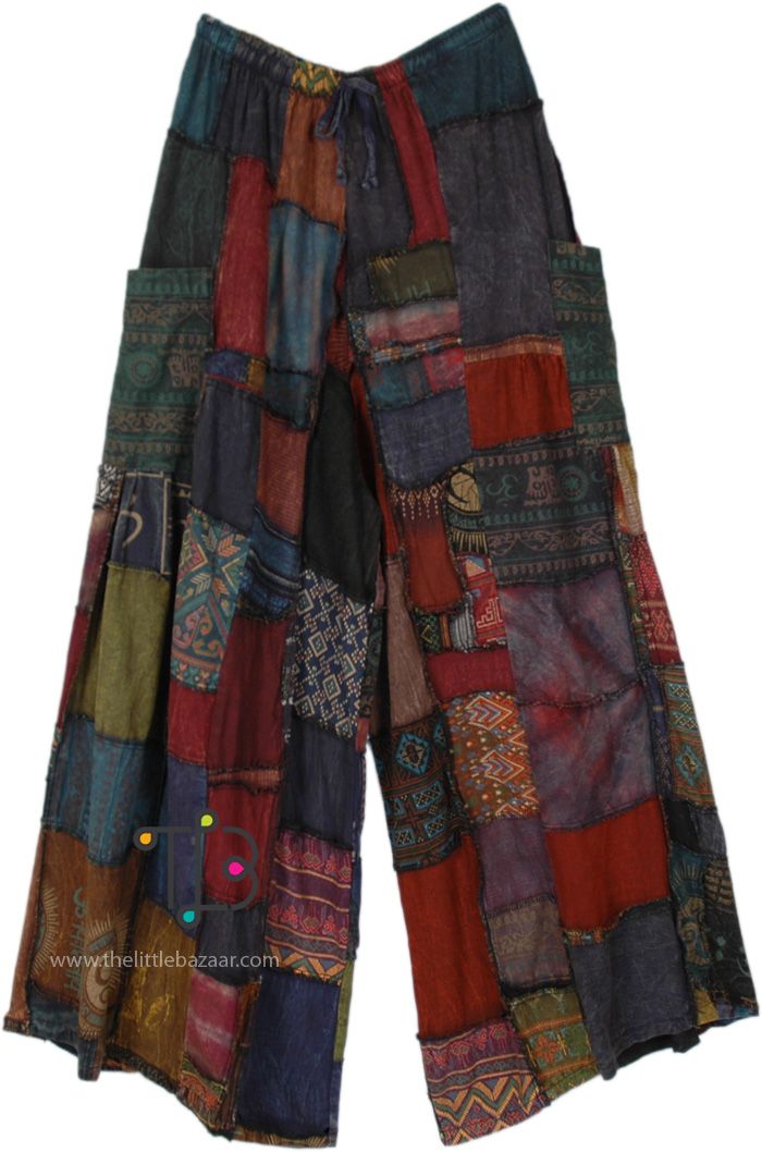 Revel in pure hippie bohemian aesthetic in these handmade patchwork wide leg pants! Made with soft and breathable organic cotton, these pants feature a dark or brown overdye color scheme with unique patchwork designs that are sure to turn heads.  The wide legs offer a flowy and comfortable fit, perfect for bohemian and hippie-inspired styles. #tlb #SplitSkirtsPants #Patchwork #Striped #HippiePants Bohemian Pants, Hippie Pants, Hippie Look, Bohemian Aesthetic, Trendy Skirts, Pants Brown, Split Skirt, Brown Outfit, Creation Couture