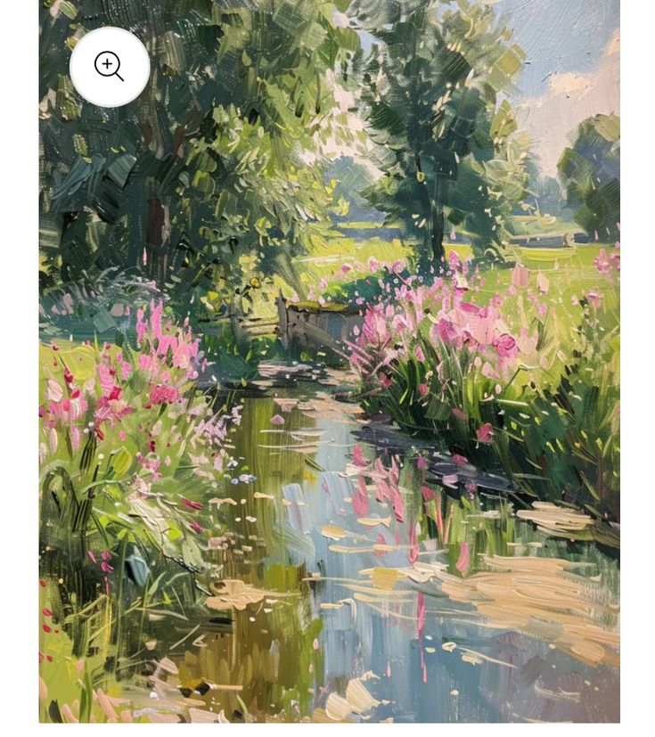 an oil painting of flowers and trees by the water's edge with a q sign above it