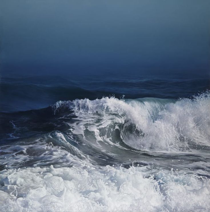 a painting of waves in the ocean on a cloudy day