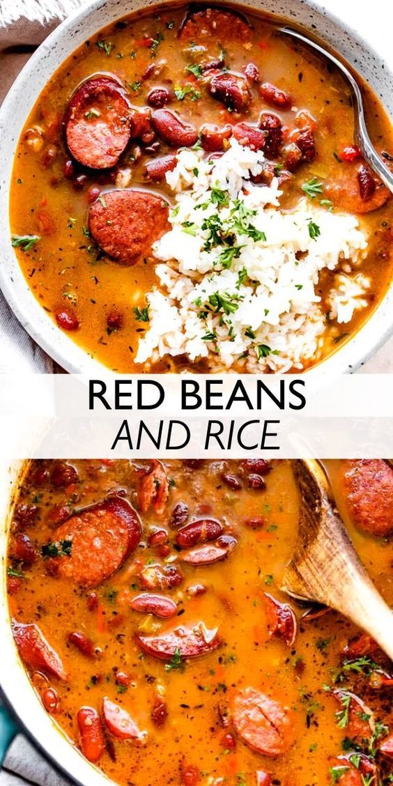 two pictures showing different types of red beans and rice