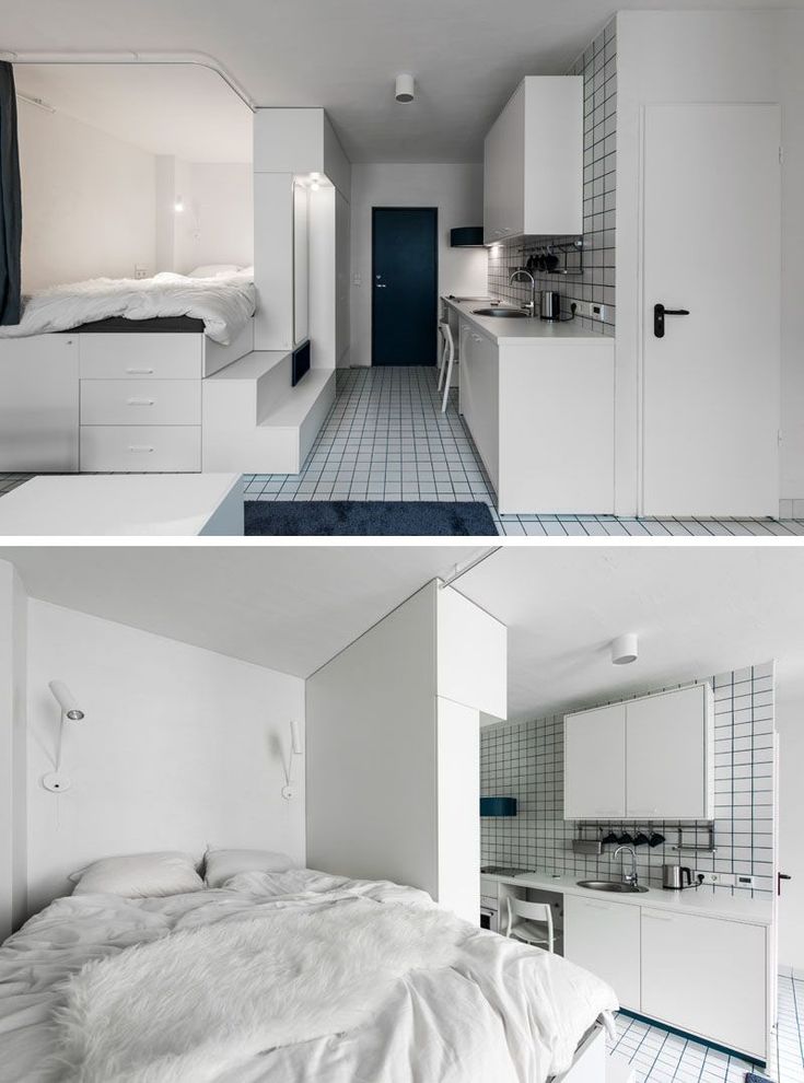 two pictures of a bedroom and kitchen in one photo, the other has a bed