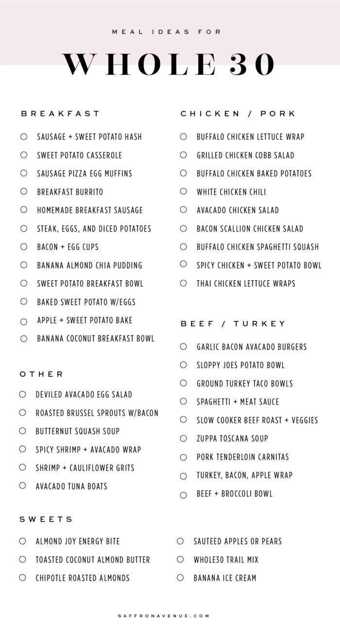 the meal list for whole 30 is shown in black and white, with pink accents