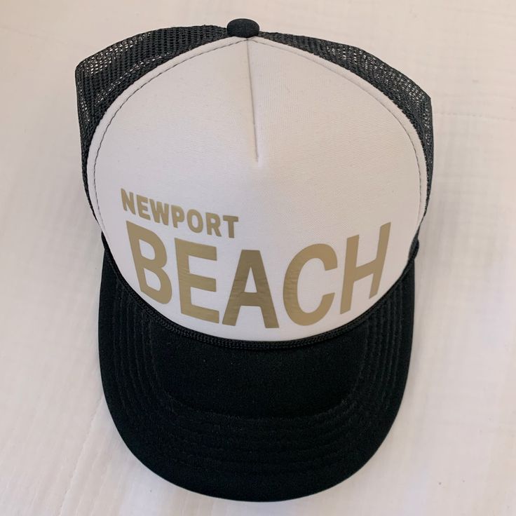 Women’s Newport Beach Gold And Black Snapback Hat Adjustable Never Worn Casual Black Hats For Beach Season, Casual Black Beach Hats, Beach Hats With Letter Print In Black, Short Brim Letter Print Beach Hat, Beach Hats With Letter Print And Short Brim, Black Letter Print Beach Hat, Black Snapback Beach Hat, Black Snapback Hat For Beach, Black Beach Season Hats, One Size Fits Most