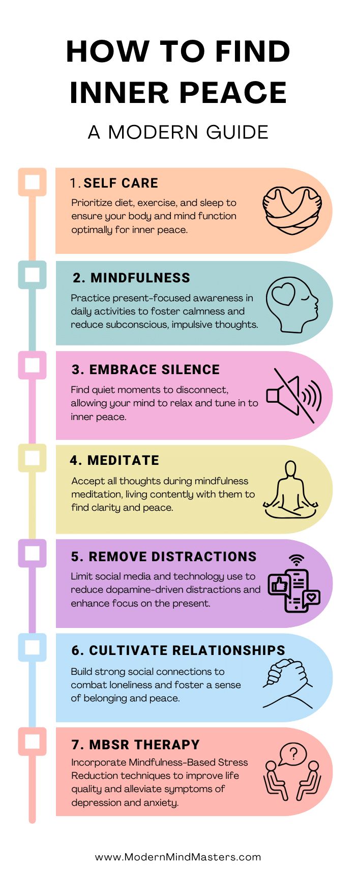 Inner peace is something you find only when you are listening for it. To find inner peace, practive self care, mindfulness, embrace silence, meditate, remove distractions, cultivate postive relationships, and try MBSR therapy. How To Feel At Peace, How To Live A Peaceful Life, How To Make Peace With Your Past, How To Find Inner Peace, How To Protect Your Peace, Clean Mindset, Inner Peace Aesthetic, Emotional Mastery, Remove Distractions