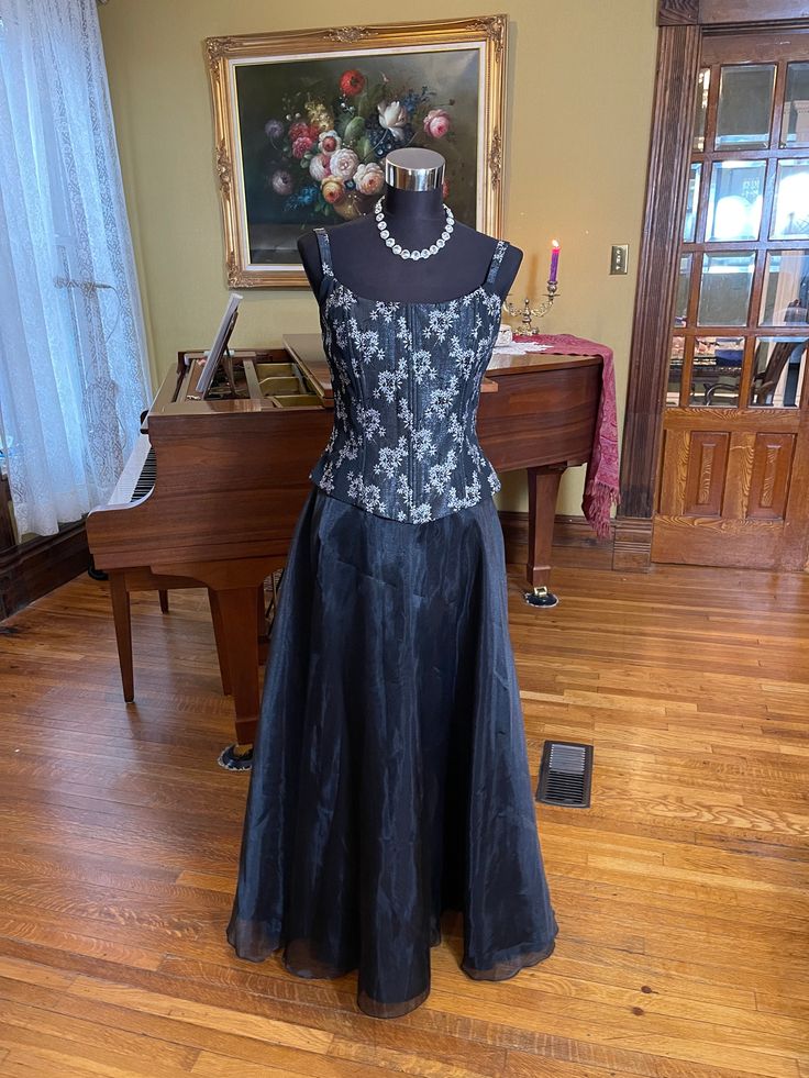 "Vintage evening gown. Marked size 11/12.  Bust 34 Waist circumference 30\" Length from top of zipper to hem at back 49\" Fast shipping.  Instagram: OperaKittyCo Please do not purchase directly through an Etsy advertisement, as then the seller is charged an additional 12% (on top of already very high commission rates)." Fitted A-line Prom Gown, Formal A-line Corset Dress With Lined Bodice, Fitted A-line Gown With Lace Bodice, Fitted A-line Ball Gown For Debutante Ball, Party Ball Gown With Sweep Train And Fitted Bodice, Fitted A-line Gown For Prom, Prom Season Ball Gown With Lace Bodice, Full-length Gown With Pleated Bodice For Party, Full Length Gown With Pleated Bodice For Party