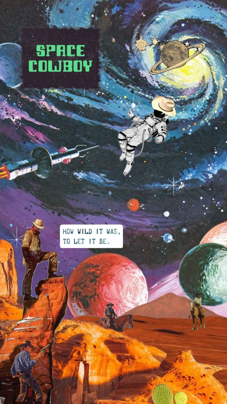 an advertisement for space colony with astronauts and planets in the background