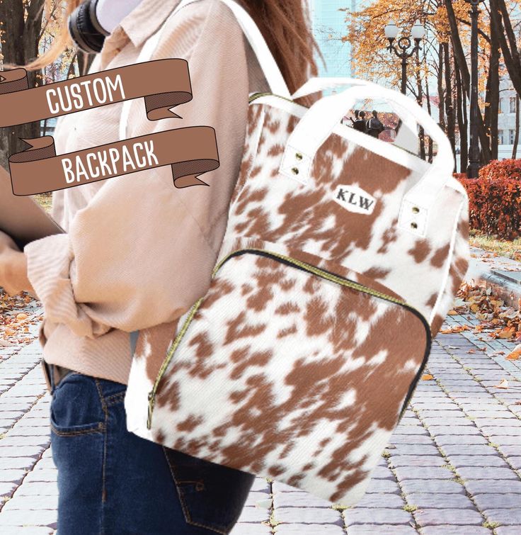 Looking for trendy school supplies, backpacks for college or a cute gift for college students?   Our custom western backpack for school doubles as a travel laptop bag and can be personalized for the ultimate gift for girls or college backpack for women. Personalize: 1 to 3 letters. 3 Fonts to choose from. 𝗙𝗘𝗔𝗧𝗨𝗥𝗘𝗦: ✔️ Lightweight, high-quality nylon fabric: tear resistant ✔️ Zippered Main compartment ✔️ 2 Side Pockets for water bottles ✔️ Zippered pocket on front of bag ✔️ Inside: 1 zipp Trendy Large Capacity Backpack For End Of School Year, Trendy Rectangular Backpack For Back To School, Cute Rectangular Travel Backpack, Cute Brown Travel Backpack, Trendy White Backpack As Gift, Trendy White Backpack For Gift, Trendy Backpack For Back To School Gift, Trendy Backpack For End Of School Year Gift, Trendy Standard Backpack Ideal For Gifts