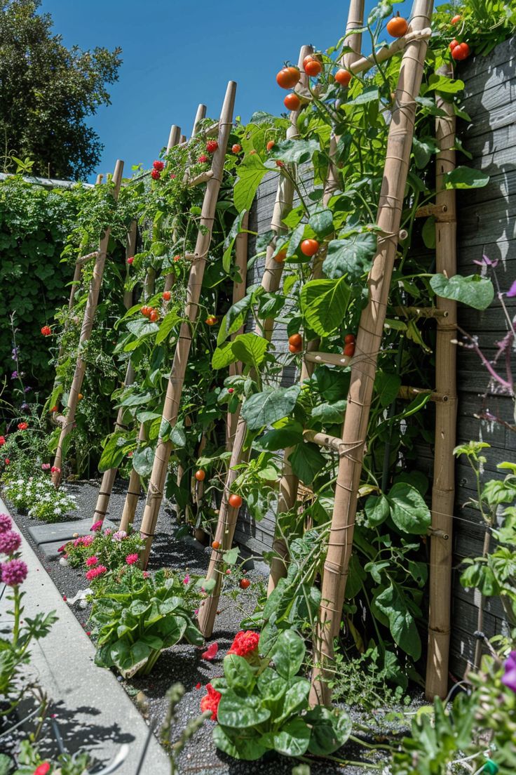 an outdoor garden with lots of plants growing on the side of a building and wooden trelliss