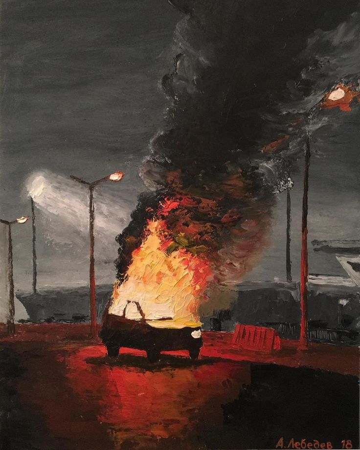 an oil painting of a car on fire