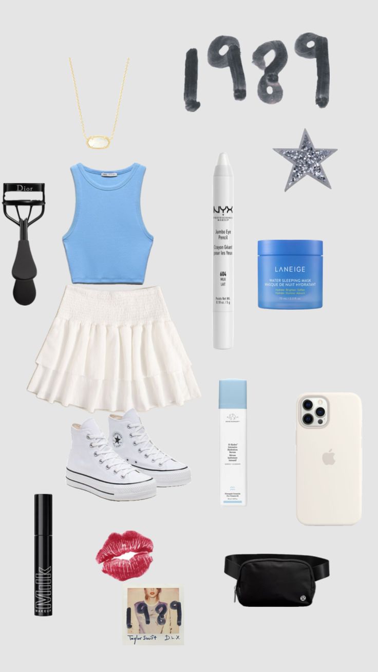 the contents of a woman's outfit including shoes, lipstick, and other items