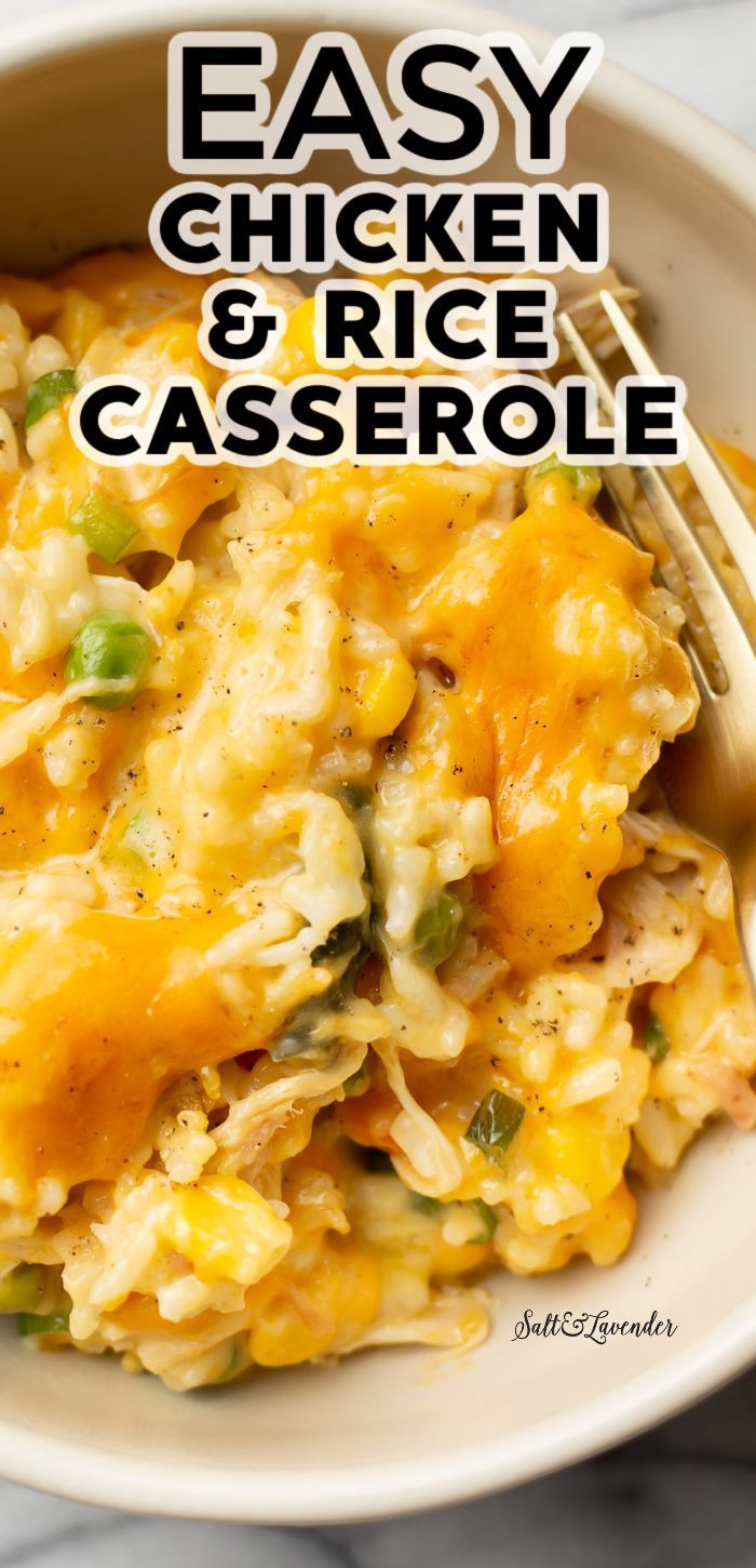 closeup of a portion of casserole with text overlay that reads easy chicken and rice casserole Easy Chicken And Rice Casserole, Cheesy Chicken And Rice Casserole, Chicken And Rice Casserole Recipe, Using Rotisserie Chicken, Cheesy Chicken And Rice, Recipes Using Rotisserie Chicken, Easy Chicken Casserole Recipes, Chicken Casserole Easy, Chicken And Rice Casserole