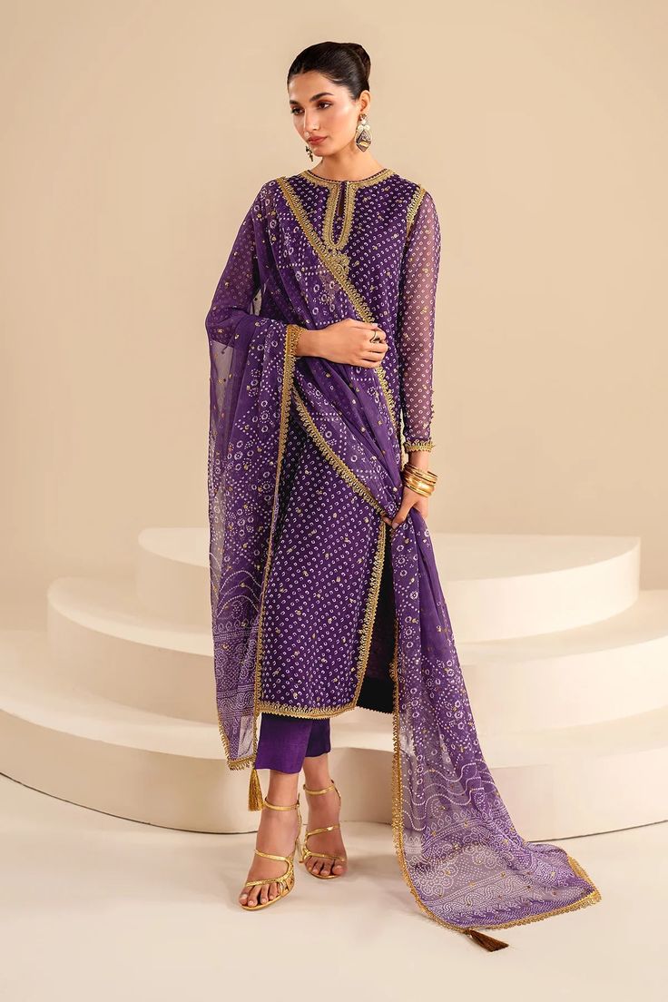 Luxury Purple Art Silk Salwar Kameez, Luxury Wedding Saree, Luxury Silk Dupatta, Formal Purple Lawn Suit With Dupatta, Purple Lawn Suit With Dupatta For Formal Occasions, Purple Long Sleeve Unstitched Suit For Party, Elegant Purple Georgette Sets, Formal Unstitched Suit With Sheer Dupatta And Long Sleeves, Purple Georgette Unstitched Suit With Intricate Embroidery