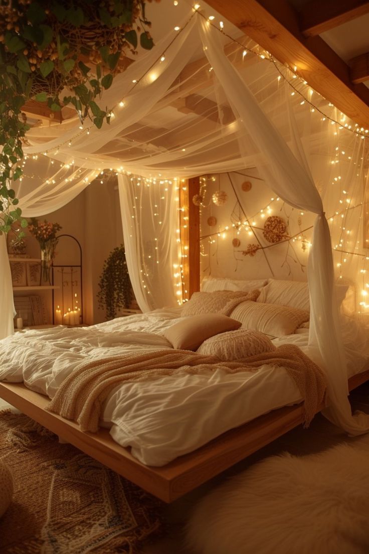 a bed with white sheets and lights on it