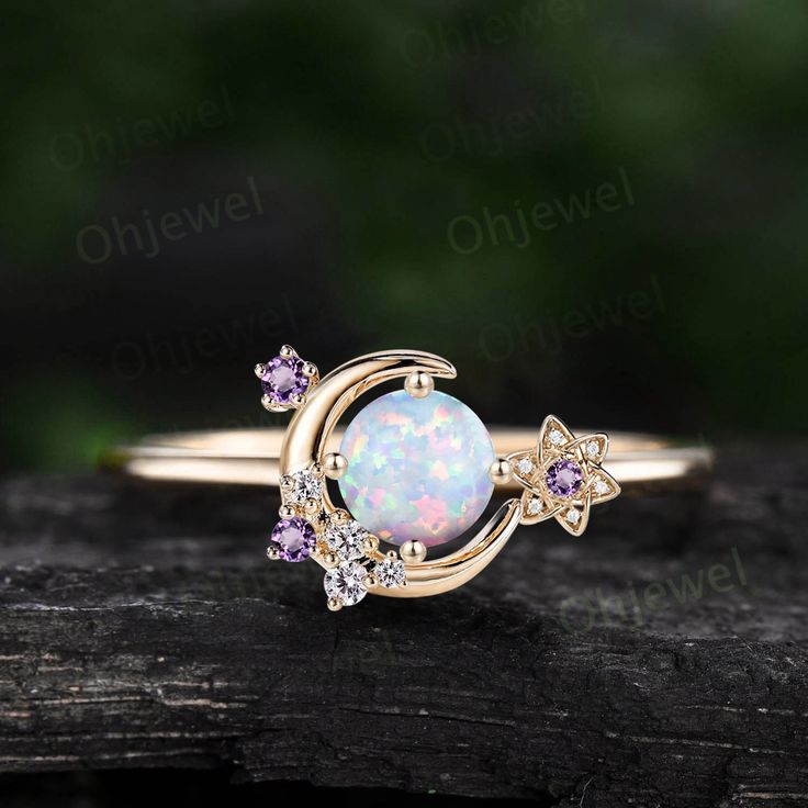 Non Traditional Unique Engagement Rings Vintage, Fairy Core Engagement Rings, Magical Engagement Rings, Amethyst Ring Rose Gold, Fantasy Rings, Bohemian Engagement Ring, Moon Engagement Ring, Wedding Ring Women, Opal Ring Vintage