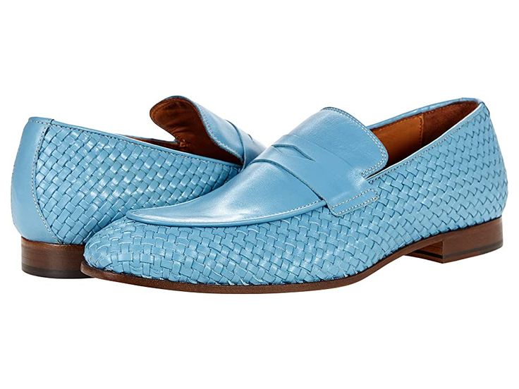 Massimo Matteo Ponte Vecchio Woven Penny - Men's Shoes : Light Blue : The Massimo Matteo Ponte Vecchio Woven Penny is a leather dress shoe that will bring your professional wardrobe to life with a vibrant pop of color! Slip-on loafer features penny strap and closed, rounded toe. Leather lining, insole, and sole. Low stacked heel. Made in Italy. Measurements: Weight: 13 oz Product measurements were taken using size 9, width D - Medium. Please note that measurements may vary by size. Weight of foo Summer Business Loafers With Textured Sole, Business Summer Loafers With Almond Toe, Summer Business Loafers With Almond Toe, Business Summer Almond Toe Loafers, Summer Business Almond Toe Loafers, Business Slip-ons With Leather Sole For Spring, Semi-formal Leather Shoes With Leather Sole For Spring, Semi-formal Spring Leather Shoes With Leather Sole, Spring Office Loafers With Plain Toe