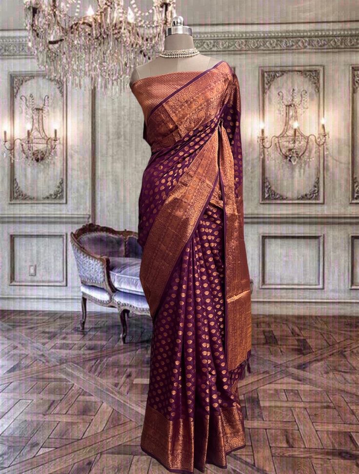 Beautiful grape purple soft silk saree with copper zari work and running brocade blouse piece. Purple Handloom Pre-draped Saree For Puja, Purple Art Silk Pre-draped Saree With Self Design, Purple Self-design Pre-draped Saree For Puja, Purple Katan Silk Pre-draped Saree With Zari Work, Purple Pre-draped Saree For Puja, Purple Katan Silk Pre-draped Saree With Cutdana, Purple Pre-draped Saree With Traditional Pallu, Festive Purple Tussar Silk Pre-draped Saree, Purple Silk Handloom Pre-draped Saree