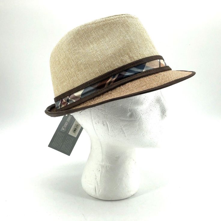 Stacy Adams Fedora Hat Large / Xl Plaid Band New With Tags Casual Cotton Brimmed Fedora, Casual Cotton Fedora With Curved Brim, Casual Wide Brim Cotton Fedora, Cotton Fedora With Short Brim For Summer, Summer Cotton Fedora With Short Brim, Brown Fitted Casual Fedora, Fitted Brown Fedora Casual Style, Casual Fitted Brown Fedora, Fitted Beige Casual Straw Hat