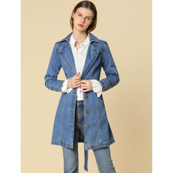 Add some elegance to your ensemble courtesy of this jacket that boasts a denim design and a long, flowing fit. It's cut with structured denim that has front pockets, a notched collar, and a belt at the waist. A wardrobe staple to see you through the season, it is an effortless look for any ensemble. Wear them on those tricky in-between-season days and pair them with straight-leg jeans and ankle boots. Double-breasted Denim Outerwear With Button Closure, Chic Denim Blue Button-up Outerwear, Chic Dark Wash Button-up Outerwear, Dark Wash Long Sleeve Outerwear With Buttoned Pockets, Denim Notch Lapel Outerwear With Button Closure, Denim Outerwear With Notch Lapel And Button Closure, Workwear Denim Jacket With Lapel Collar, Denim Outerwear With Buttoned Pockets For Work, Chic Long Sleeve Denim Jacket For Fall