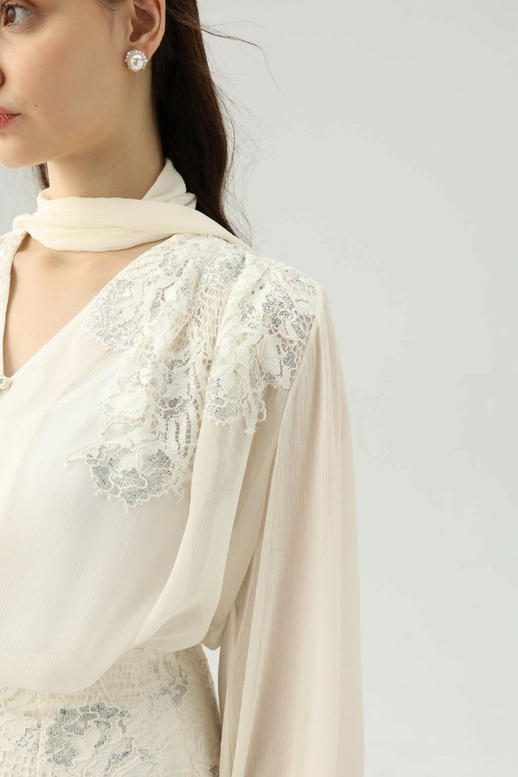 Material: 100% Polyester Elegant Lace Blouse For Work, Lace Blouse With Lace Sleeves For Workwear, Elegant Blouse With Delicate Lace, Elegant Formal Tops With Lace Sleeves, Elegant Summer Lace Top With Lace Sleeves, Elegant Long Sleeve Top With Lace Sleeves, Feminine Evening Tops With Lace Trim, Elegant Lace Top With Lace Sleeves For Summer, Elegant Delicate Lace Top For Formal Occasions