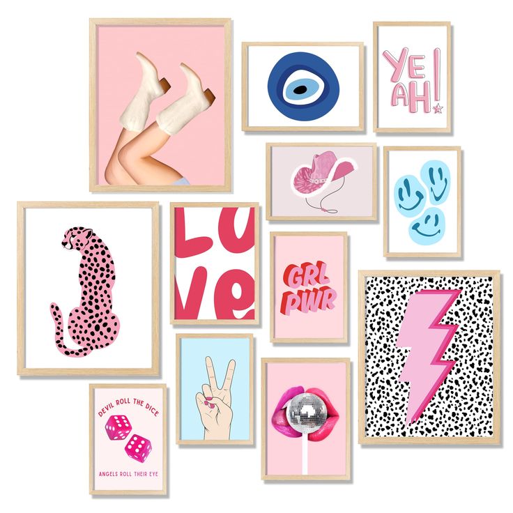 many different types of art work are displayed on a white background with pink and blue accents