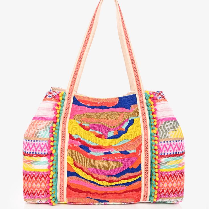 The Isabella Adorned Tote is a beautifully crafted, woven bag in a kaleidoscope of colors - including yellow, pink, blue, and gold. It showcases intricate, hand-embellished needlework and beading, with playful mini pompom accents for the perfect finishing touch. Magnetic Button Closure Lined Interiors with Zip Pocket and Mobile Pocket Size 24" X 13" X 6" Multicolor Summer Bags With Colorful Beads, Multicolor Rectangular Shoulder Bag With Colorful Beads, Multicolor Rectangular Bag With Colorful Beads, Multicolor Beaded Bags For Summer, Multicolor Beaded Rectangular Shoulder Bag, Summer Multicolor Beaded Bag, Spring Multicolor Woven Shoulder Bag, Bohemian Embellished Bags For Vacation, Summer Pink Beaded Shoulder Bag