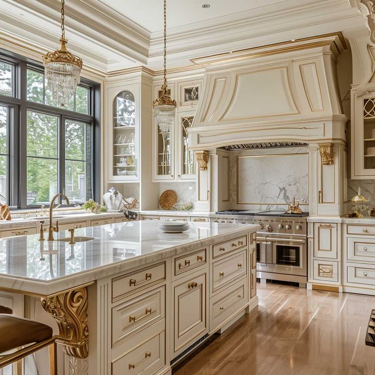 a large kitchen with white cabinets and marble counter tops, along with an island in the middle