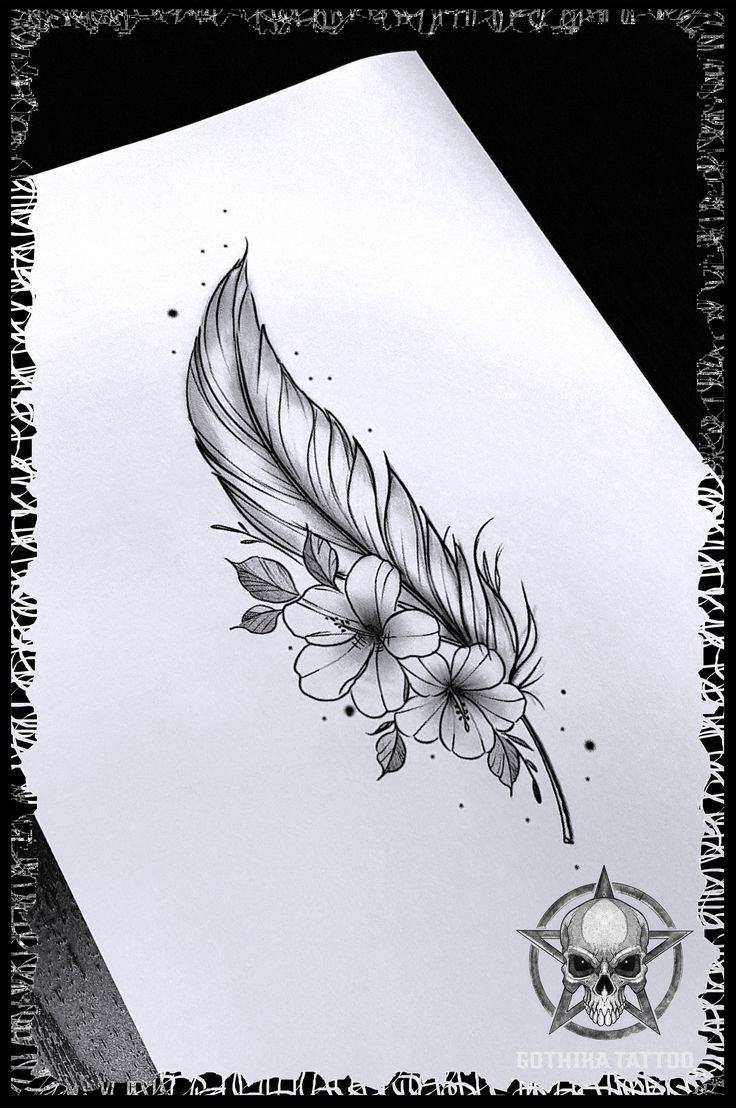 a drawing of a feather with flowers and a skull on the bottom half of it