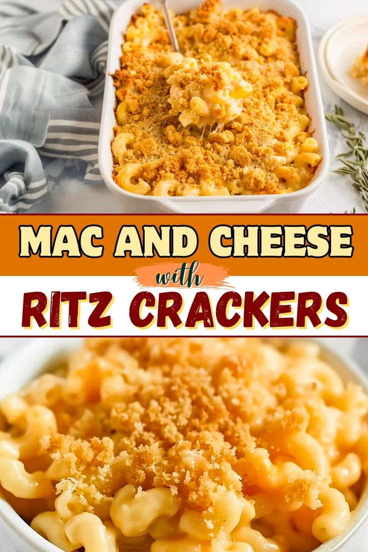 macaroni and cheese with ritz crackers in a casserole dish