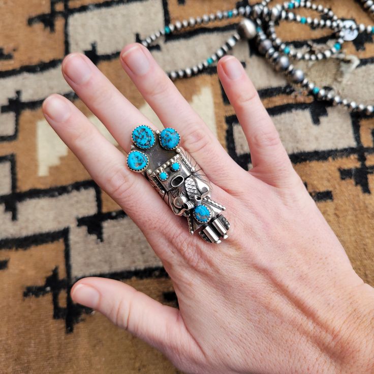 Authentic Turquoise set in Sterling Silver This Turquoise Kachina Ring was handmade by amazing Native American Artist Doris Smallcanyon. Size 8.75 2.25" long Golden Hill, Wild Rag, Native American Artists, Pearl Cluster, Southwest Style, Spiny Oyster, Gifts Cards, Turquoise Jewelry, Earring Necklace