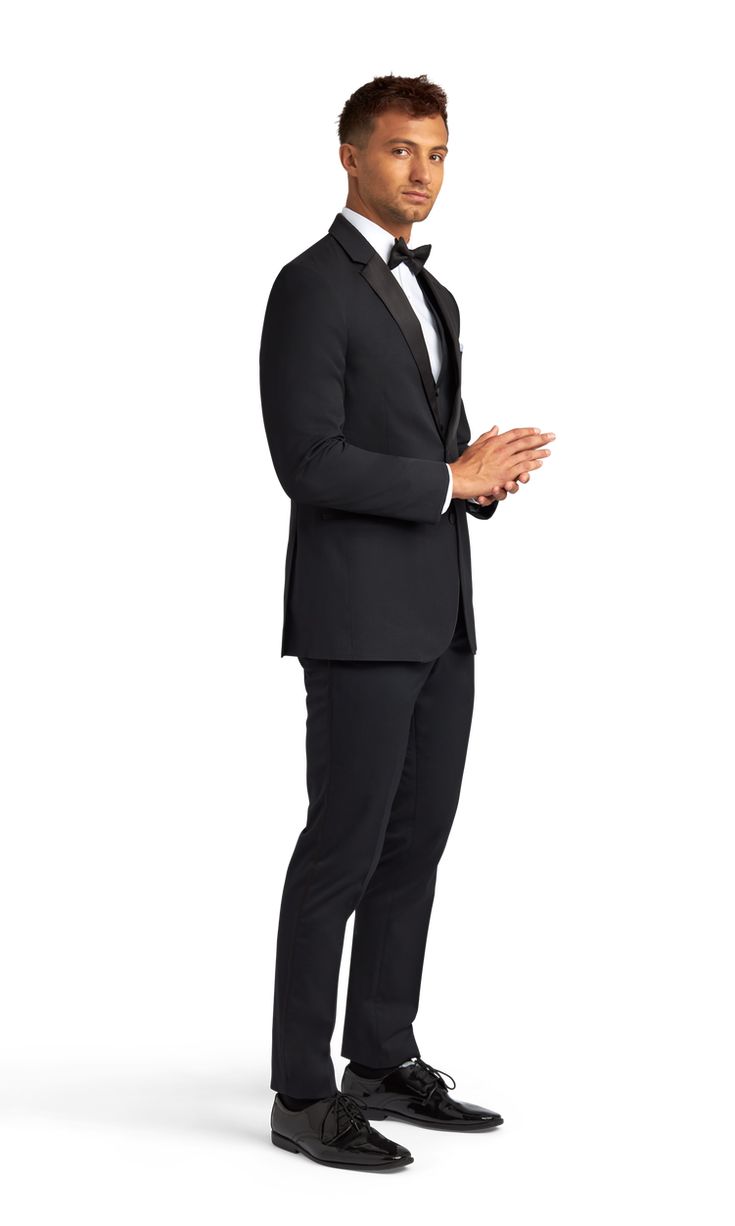 A premium classic black tuxedo with two buttons and a notch lapel. Black Tuxedo With Notch Lapel For Evening, Black Notch Lapel Tuxedo For Evening, Black Tuxedo With Pressed Crease For Evening, Black Evening Tuxedo With Pressed Crease, Classic Notch Lapel Tuxedo For Black-tie Events, Sleek Black Tuxedo For Formal Occasions, Classic Black Tuxedo With Single Button, Sleek Tailored Tuxedo For Black-tie Events, Black Single Button Tuxedo For Black-tie Events