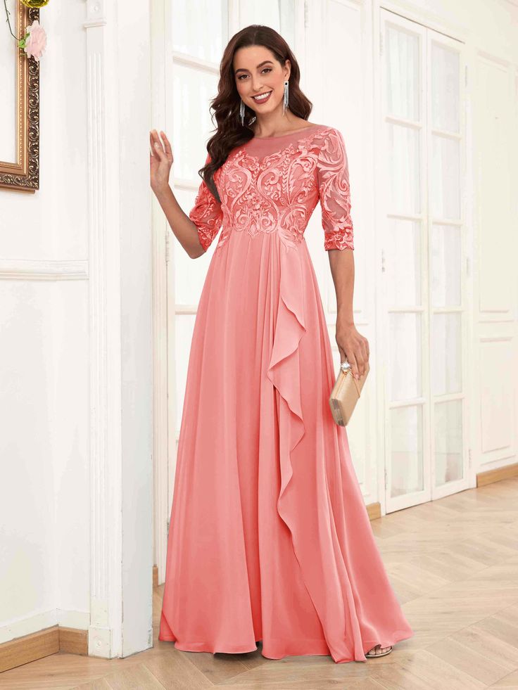 #color_Coral Chiffon Dress With 3/4 Sleeves For Formal Events, Chiffon Dress With 3/4 Sleeves For Formal Occasions, Formal Chiffon Dress With 3/4 Sleeves, Chiffon Party Dress With 3/4 Sleeve, Chiffon 3/4 Sleeve Dress For Party, Chiffon Dress With 3/4 Sleeve For Party, Fitted Chiffon Dress With Half Sleeves, Elegant Half Sleeve Chiffon Dresses, Elegant Flowy Dress With Half Sleeves