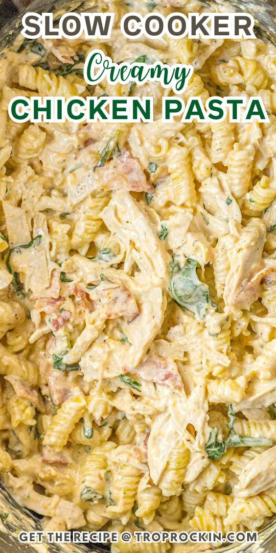 slow cooker creamy chicken pasta in a glass bowl