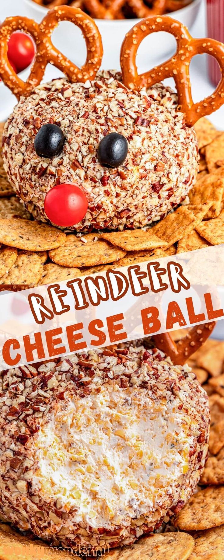 reindeer cheese ball recipe with pretzels and pretzels on the side for christmas