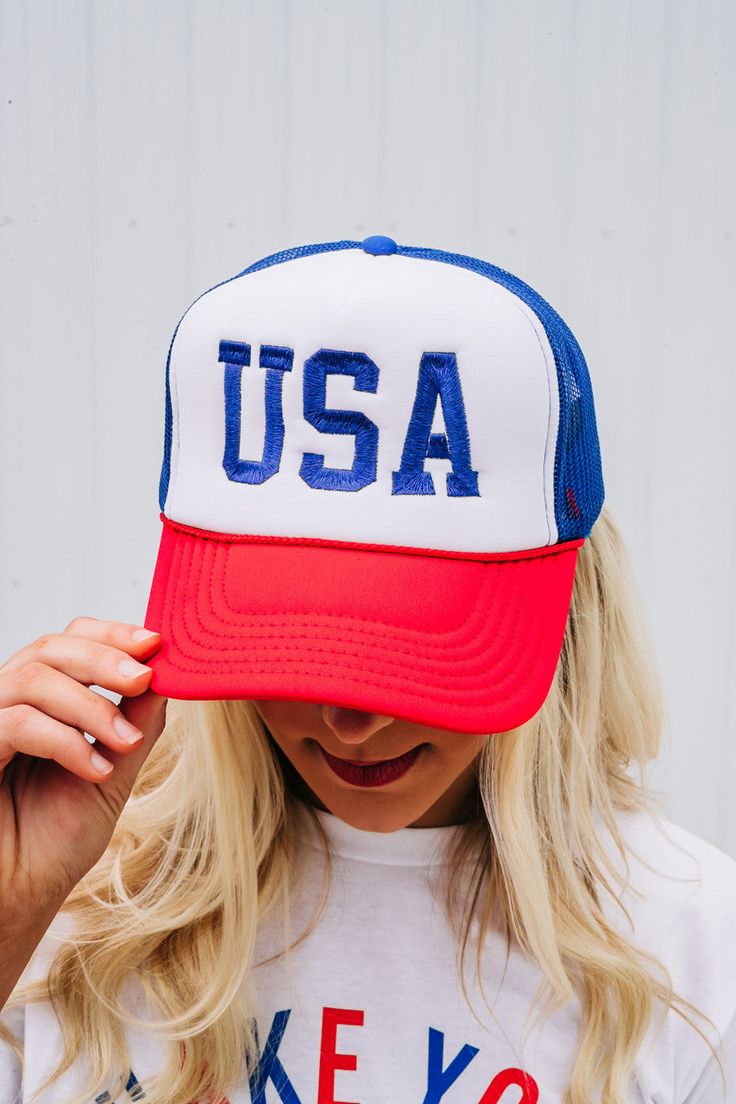 USA embroidered cap, perfect hat to wear to the lake, beach or just to stay fashionable. Foam white, blue and red cap *Made in-house* Embroidered Cap, Lake Beach, Usa Patriotic, Red Cap, Embroidered Caps, Trucker Cap, Farmer, White Blue, Lake