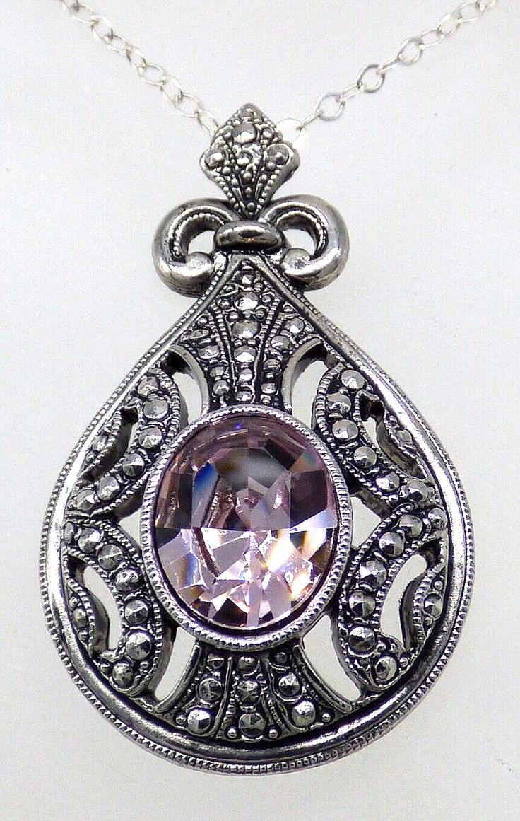 Amethyst Purple Gemstone Ornate Pendant Necklace Chain 925 Sterling Sparkly! Elegant Sterling Silver Necklaces With Stone Setting, Ornate Silver Teardrop Pendant Jewelry, Formal Sterling Silver Necklaces With Stone Setting, Formal Sterling Silver Necklace With Stone Setting, Silver Teardrop Jewelry With Stone Setting, Ornate Silver Oval Pendant Jewelry, Vintage Silver Jewelry With Stone Setting, Classic Silver Jewelry With Stones, Vintage Jewelry Pendant With Stone Setting