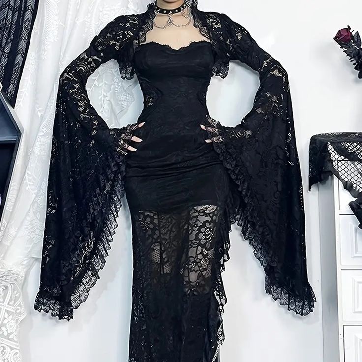 Goth Collar Long Sleeves Y2k Lace Crop Top Shrug - Temu Gothic Vampire Women, Dark Fits, Black Rave Outfits, Blouse Y2k, Vampire Gothic, Gothic Outfit, Rave Outfits Festivals, Goth Victorian, Lace Cape