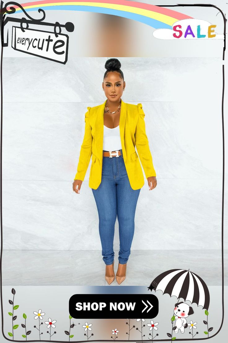 Solid Color Long Sleeve Office Lady Blazer Jackets Spring Yellow Blazer With Pockets, Casual Yellow Blazer For Work, Fitted Solid Color Blazer For Spring, Fitted Solid Color Spring Blazer, Trendy Fall Blazer For Day Out, Trendy Yellow Spring Blazer, Casual Solid Color Blazer For Spring, Trendy Long Sleeve Yellow Blazer, Solid Color Spring Outerwear For Work