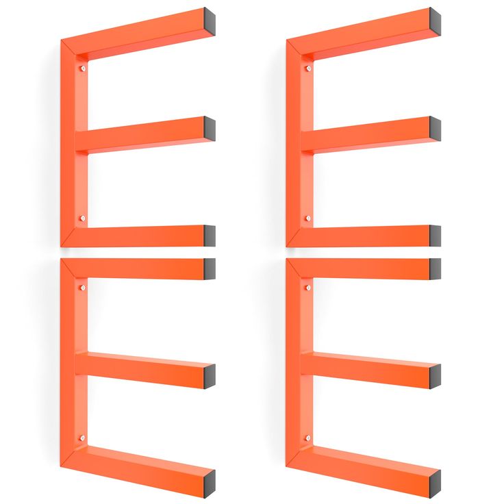 three orange shelfs with metal brackets on them