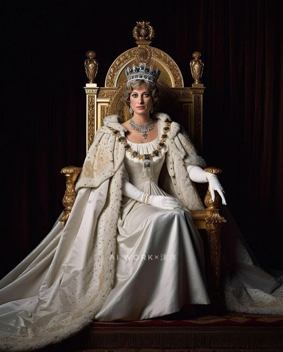 a woman sitting on top of a golden throne wearing a white dress and tiara