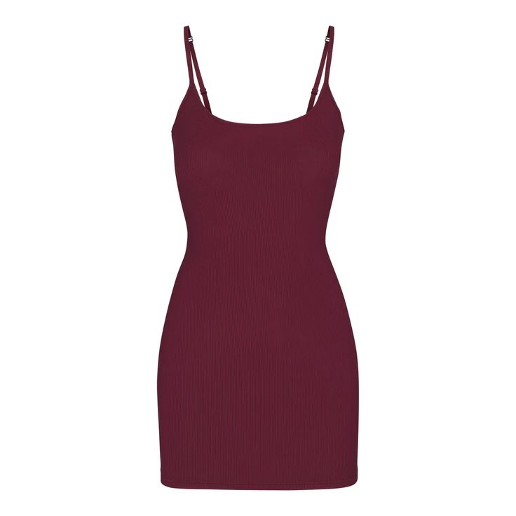 Soft Lounge Slip Dress - Wine | SKIMS Ribbed Mini Dress For Loungewear, Seamless Spaghetti Strap Daywear Dresses, Fitted Seamless Slip Dress For Loungewear, Seamless Fitted Slip Dress For Loungewear, Seamless Scoop Neck Loungewear Dress, Chic Seamless Loungewear Dress, Seamless Loungewear Dress With Scoop Neck, Seamless Camisole Dress For Loungewear, Fitted Sleepwear With Built-in Bra For Lounging