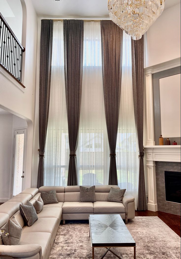 Drapes. Curtains. Living Room Interior Design Double Height Curtains High Ceilings, Tall Ceiling Wall Ideas, High Ceiling Living Room Curtains & Drapes, Double Height Window Curtains, High Ceiling Living Room Windows, Extra Long Curtains For High Ceilings, Modern Living Room Tall Ceilings, Wall Drapes Living Room, Vaulted Ceiling Curtain Ideas