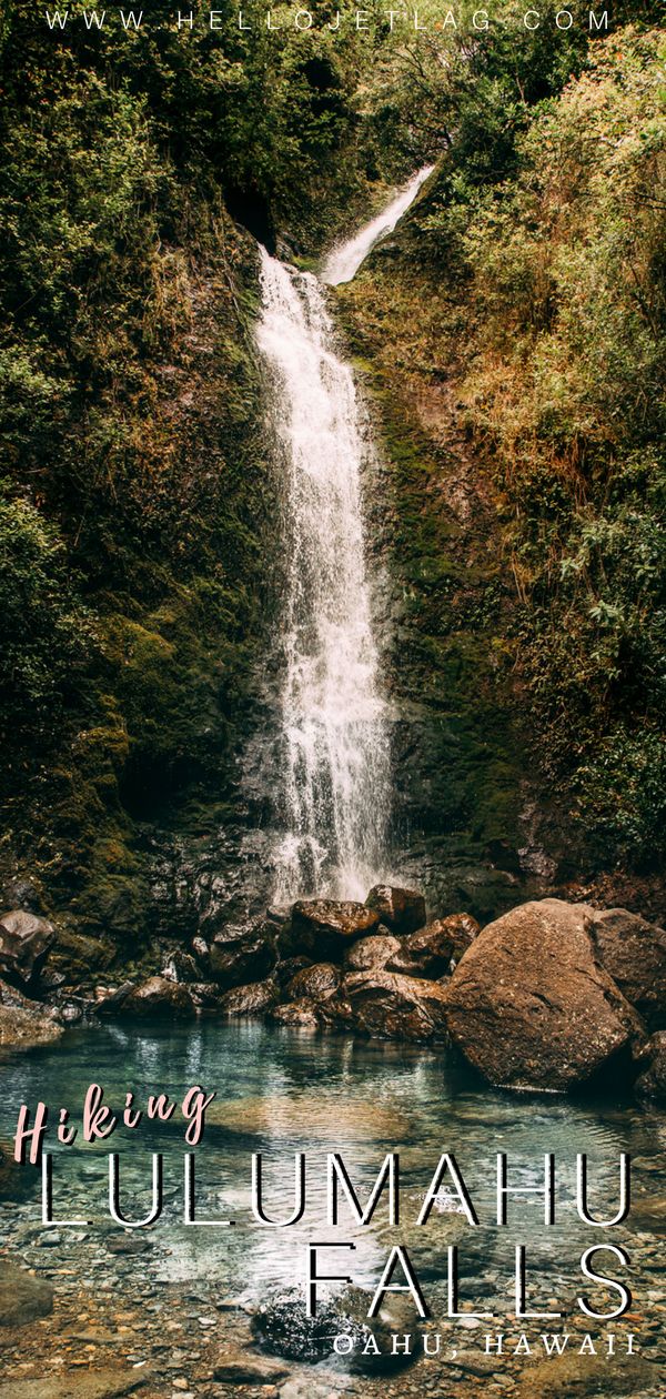 a waterfall surrounded by trees and rocks with the words hiking tulumaiu falls all over it