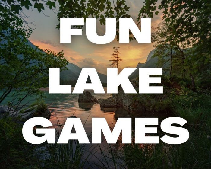 the words fun lake games are in white letters