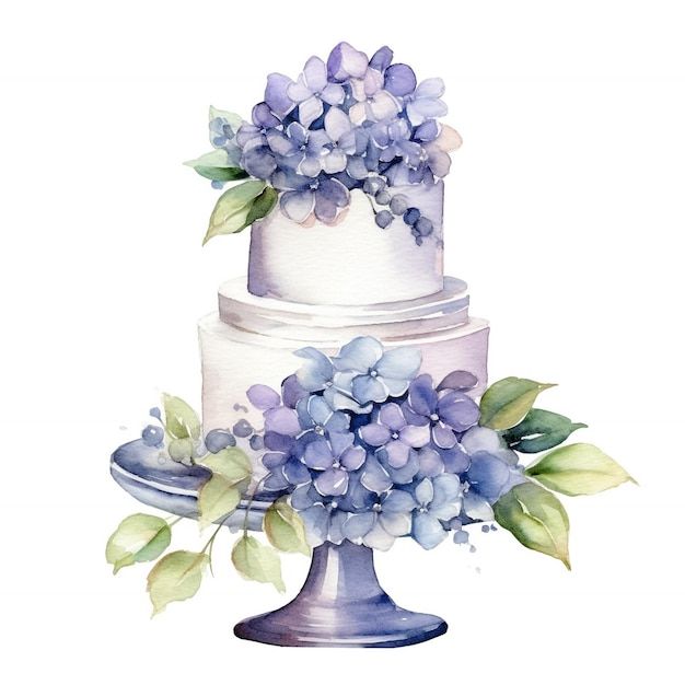 a watercolor painting of a three tiered cake with blue flowers