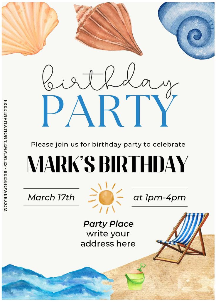 a birthday party flyer with seashells on the beach and sun in the sky